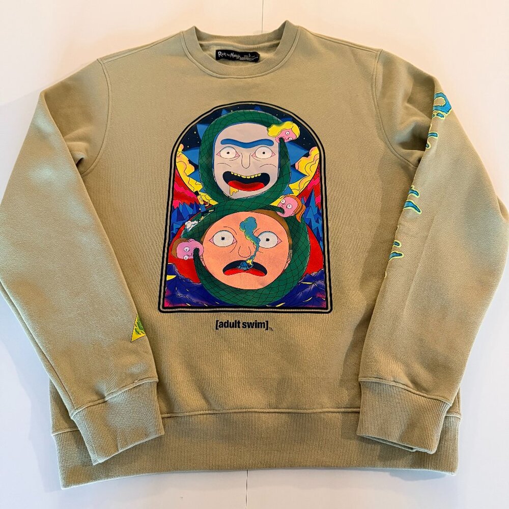Rick and Morty Infinity Snake Graphic Olive Crewneck Sz L Adult Swim Cartoon Y2K